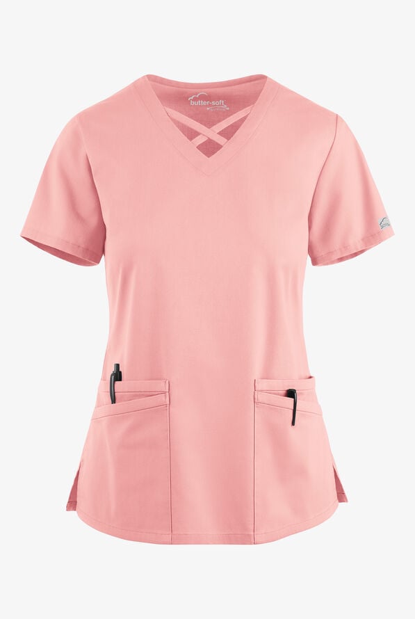 Butter-Soft STRETCH Women's 4-Pocket Crisscross Scrub Top - Rose Water - 1