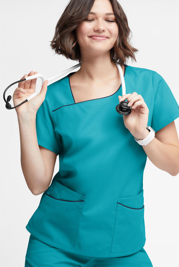Butter-Soft Originals Women's 4-Pocket Asymmetrical Neck Scrub Top - Teal/Navy - 2