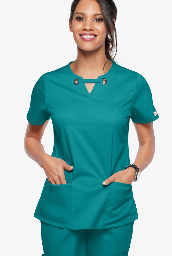 Blusa m&eacute;dica UA Butter-Soft STRETCH con ojales y 4 bolsillos para mujer - Teal - 5
