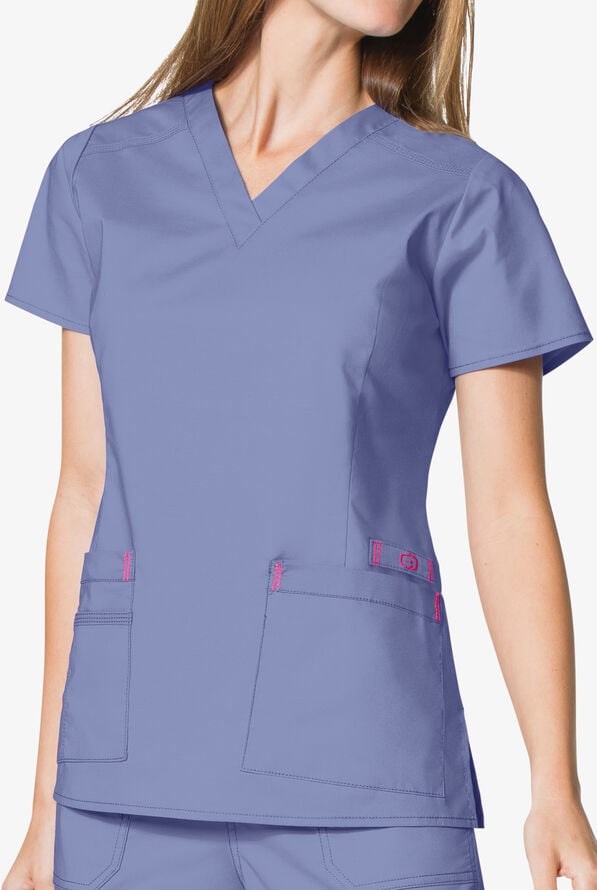 Blusa m&eacute;dica WonderWink WonderFLEX Verity STRETCH rica en algod&oacute;n con cuello en V y 4 bolsillos para mujer - Ceil/Papaya - 3