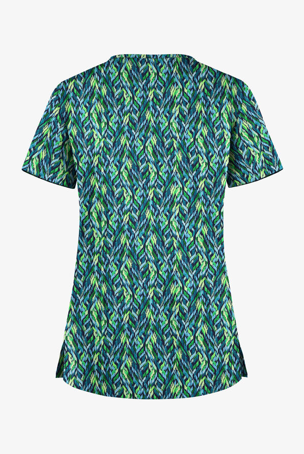Butter-Soft STRETCH Geometric Path Navy Women's 1-Pocket Tuck-In V-Neck Print Scrub Top - null - 2