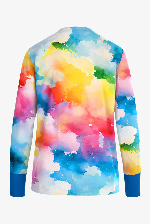 Easy STRETCH Vibrant Clouds Royal Women's Snap Front Print Scrub Jacket - null - 2