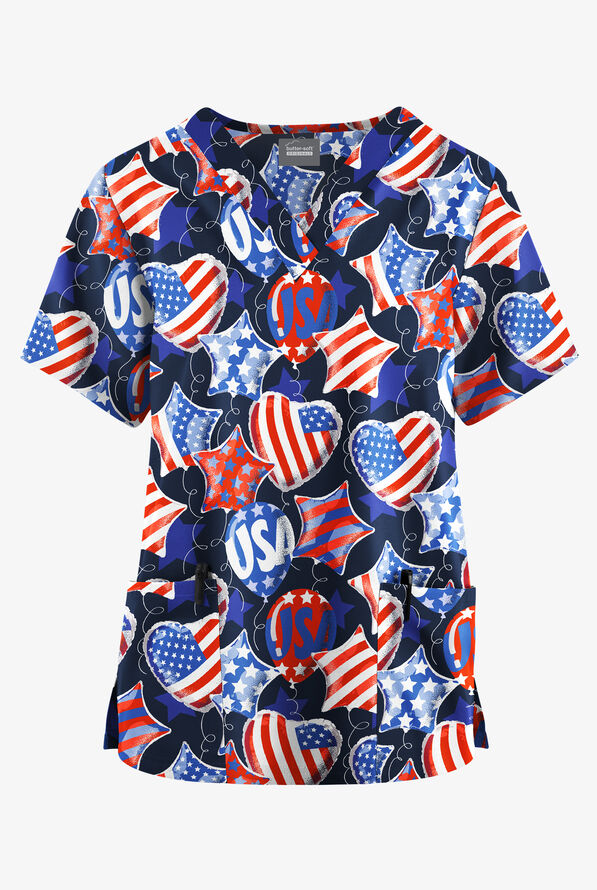 Butter-Soft Originals Freedom Hearts Women's 2-Pocket Classic Fit V-Neck Print Scrub Top - null - 1
