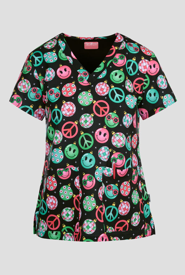 Zavate Ava Therese Peace Love & Disco Women's 2-Pocket STRETCH V-Neck Print Scrub Top - null - 1