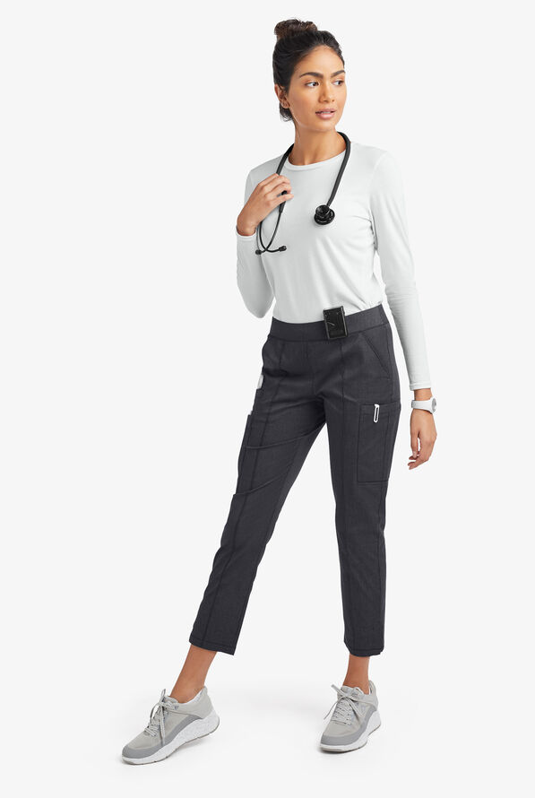 Butter-Soft STRETCH Women's 6-Pocket Pin-Tuck Crop Slim with Sport Trim Detail Scrub Pants - Heather Charcoal/Navy - 7