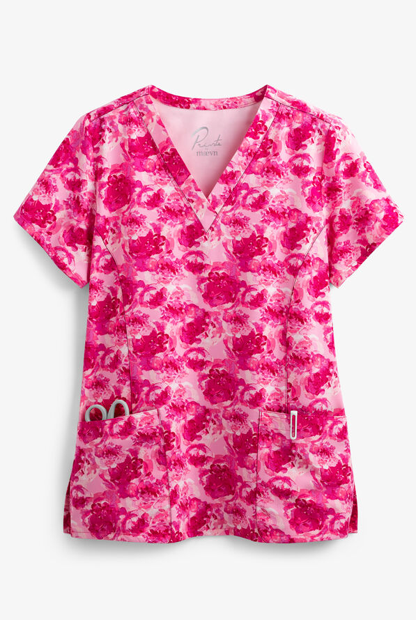 Maevn Peony Pink Women's 3-Pocket V-Neck Print Scrub Top - null - 1
