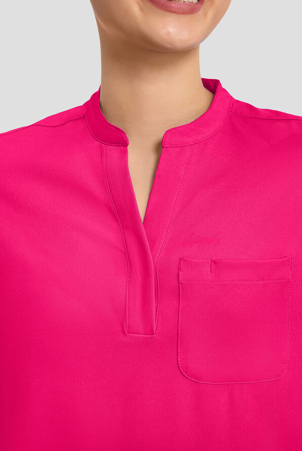 HH Works by Healing Hands Macy Women's 1-Pocket STRETCH Mandarin Collar Tuck In Scrub Top - Carnation Pink - 3