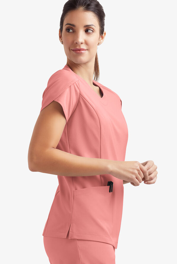 Blusa m&eacute;dica Easy STRETCH Daisy con cuello en V y 4 bolsillos para mujer - Autumn Coral - 7