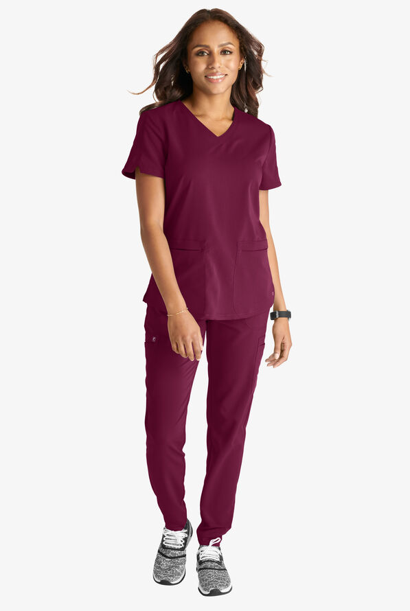 Cherokee Atmos Women's 2-Pocket STRETCH Coolmax V-Neck Scrub Top - Wine - 4