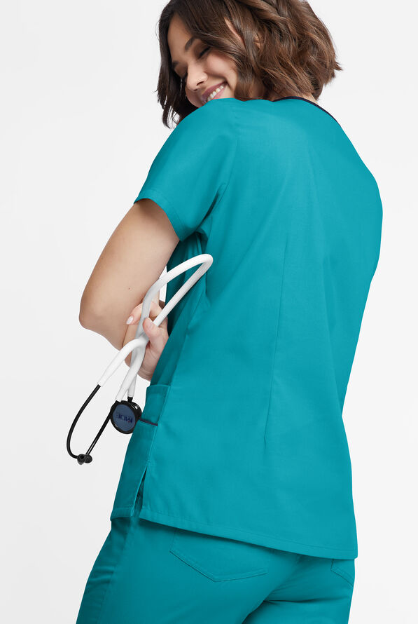 Butter-Soft Originals Women's 4-Pocket Asymmetrical Neck Scrub Top - Teal/Navy - 3