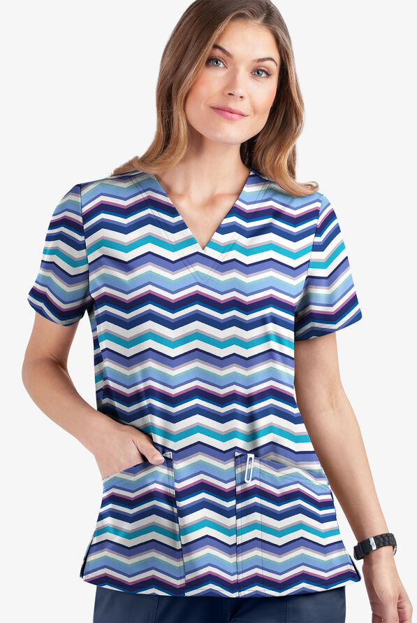 Blusa médica estampada UA Butter-Soft STRETCH Miami Deco Aqua Moon con cuello en V y 2 bolsillos para mujer - null - 1