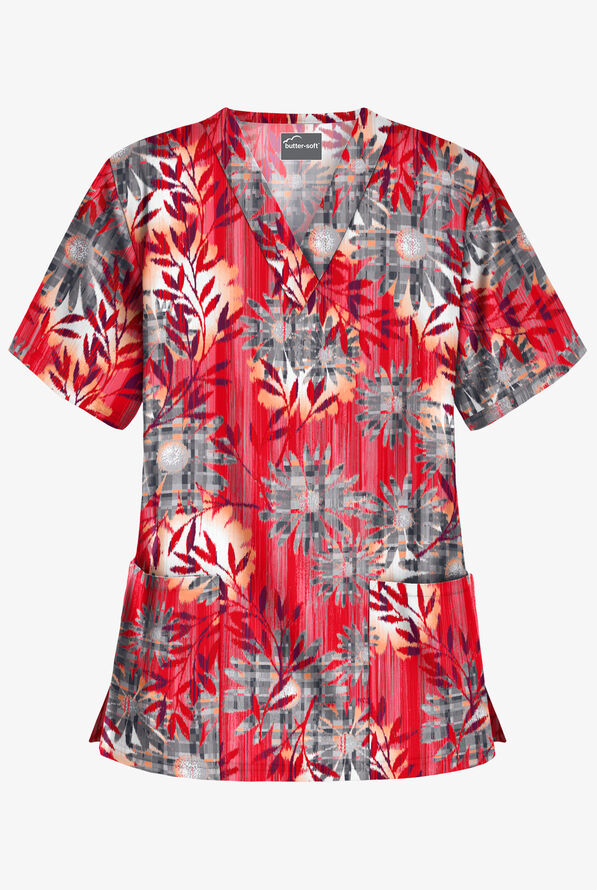 ButterSoft Monaco Floral Red Women's 2Pocket VNeck Print Scrub Top