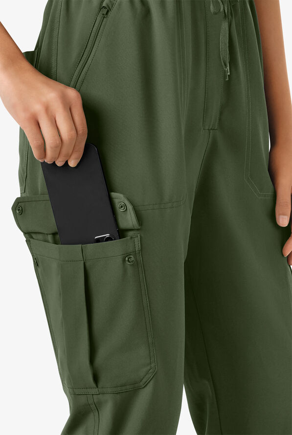 Wink Renew Women's 7-Pocket STRETCH V-Neck Cargo Jogger Jumpsuit - Olive - 2