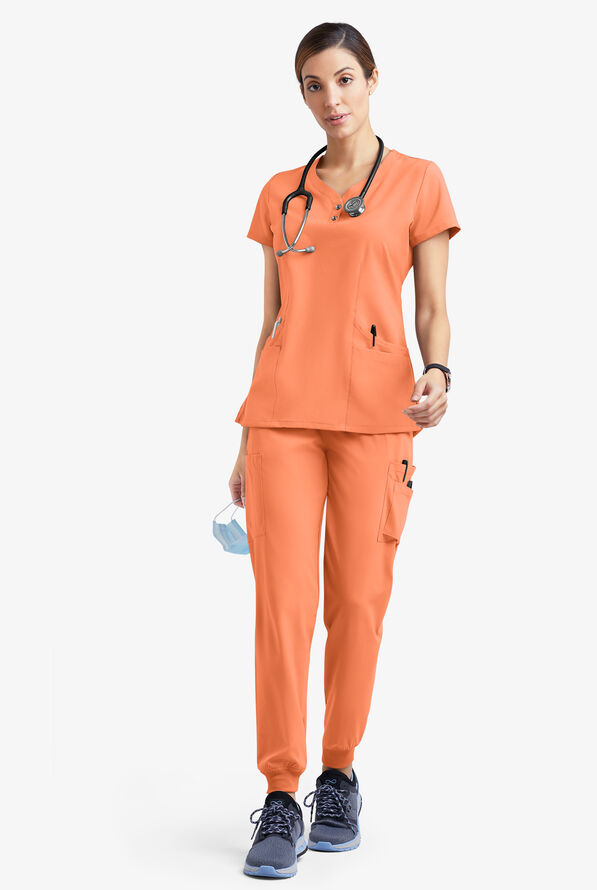 Blusa médica Easy STRETCH Demi estilo Henley con 4 bolsillos para mujer - Coral Haze - 2