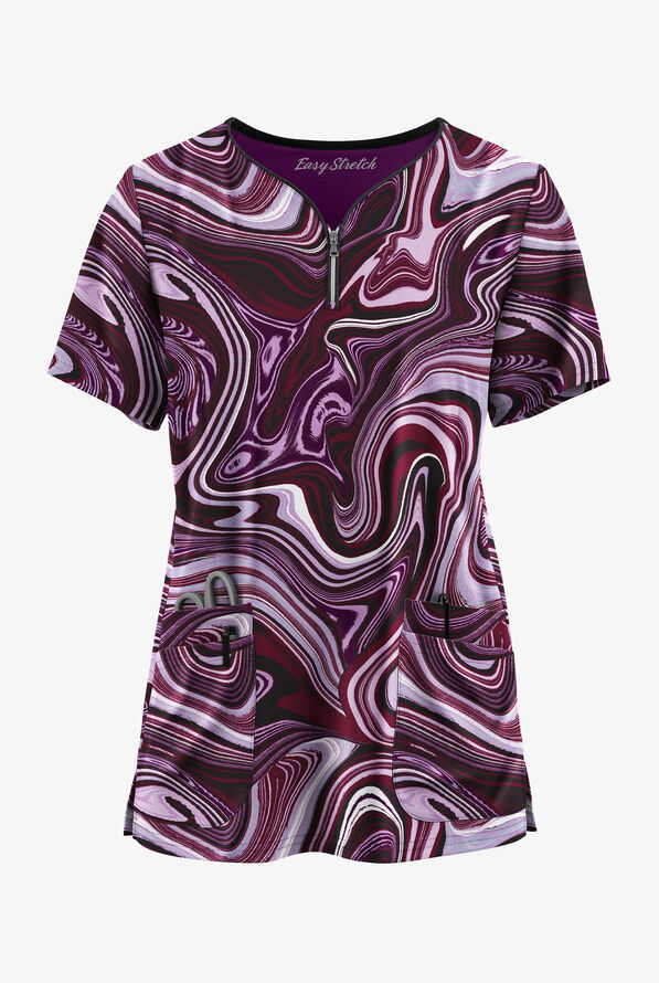 Easy STRETCH Marble Art Onyx Women's 4-Pocket Zip Curved Neck Print Scrub Top - null - 1