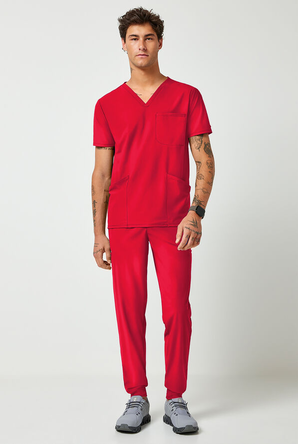 Infinity Pursuit Men's 3-Pocket STRETCH V-Neck Scrub Top - Cherry Pop - 2