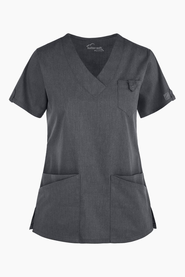 Butter-Soft STRETCH Women's 6-Pocket V-Neck Scrub Top - Heather Charcoal - 1