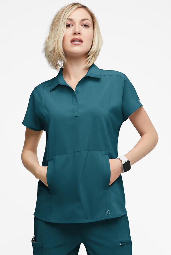 Easy STRETCH LEA Women's 3-Pocket Polo Collar Scrub Top - Caribbean Blue - 2