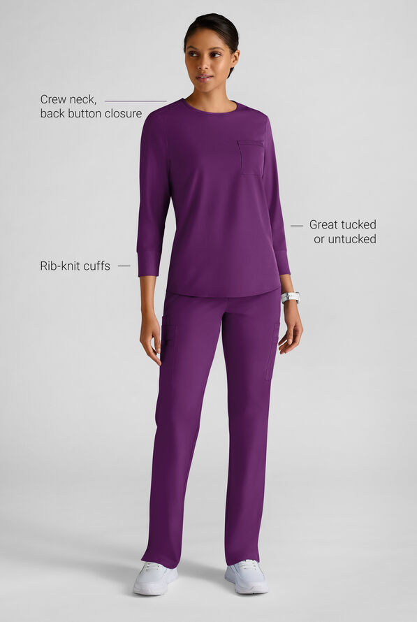 WhisperLite LYRA Women's 2-Pocket STRETCH 3/4" Sleeve Scrub Top - Eggplant - 3