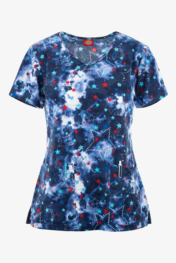 Dickies Americana Stars and Tie Dye Women's 2-Pocket STRETCH V-Neck Print Scrub Top - null - 1