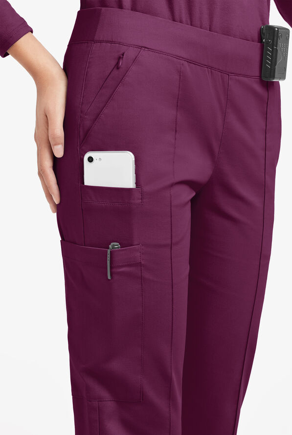 Butter-Soft STRETCH Women's 6-Pocket Pin-Tuck Crop Slim with Sport Trim Detail Scrub Pants - Wine/Silver Melange - 2