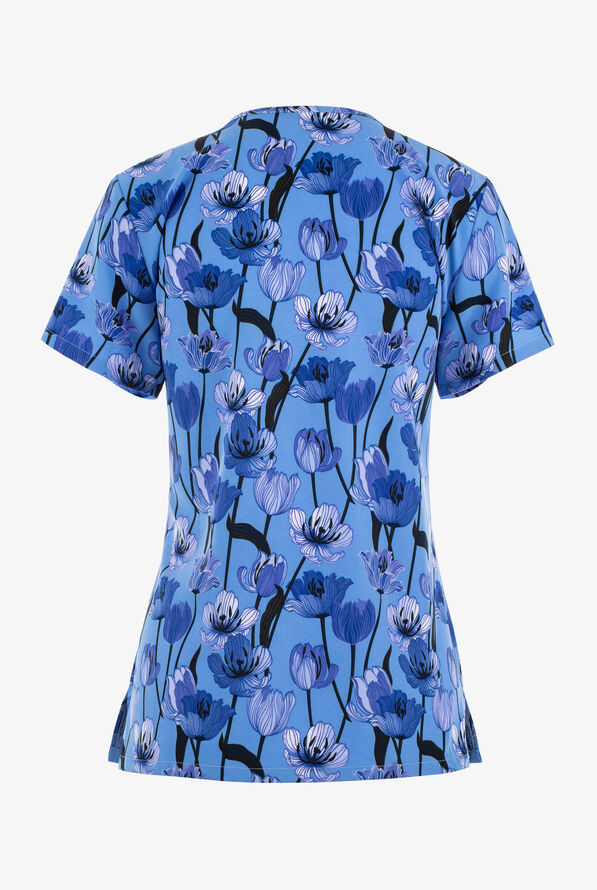 Green Town Tulips Floral Women's 3-Pocket STRETCH V-Neck Print Scrub Top - null - 2