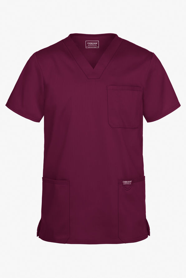 Cherokee Workwear Revolution Men's 3-Pocket STRETCH V-Neck Scrub Top - Wine - 1