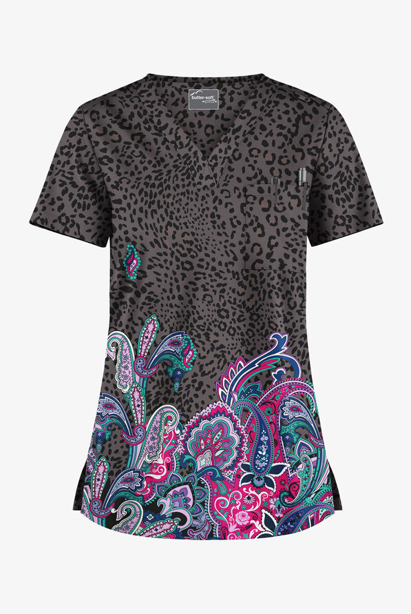 Butter-Soft STRETCH Jungle Paisley Pewter Women's 1-Pocket Tuck-In V-Neck Print Scrub Top - null - 1