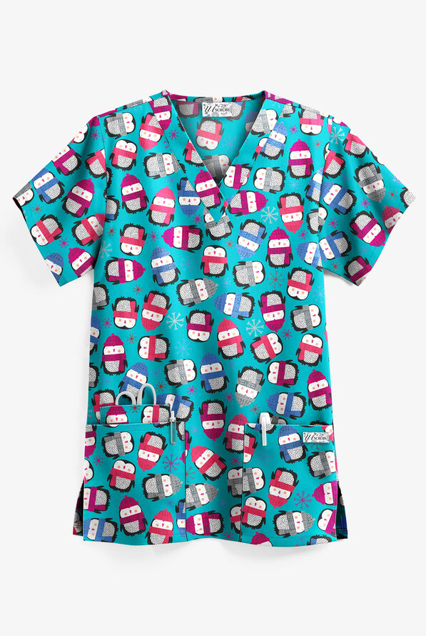 UA Winter Penguins Turquoise V-Neck Print Scrub Top, Holiday Scrubs