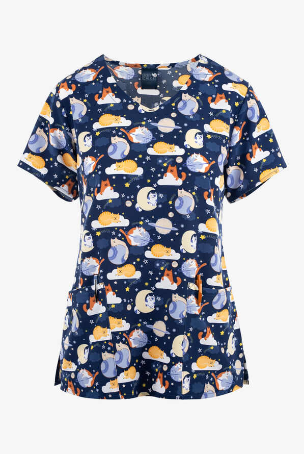 Zoe & Chloe Moon Meow Cats In Space Women's 2-Pocket STRETCH V-Neck Print Scrub Top - null - 1