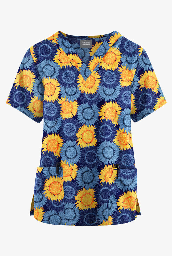 Butter-Soft Originals Sunflower Field Navy Women's 2-Pocket Classic Fit V-Neck Print Scrub Top - null - 1