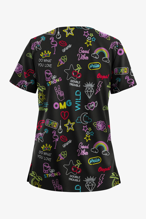 Butter-Soft STRETCH Neon Vibes Black Women's 2-Pocket V-Neck Print Scrub Top - null - 2