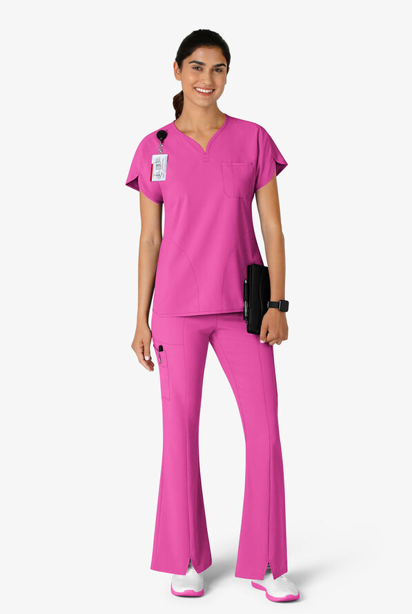 Wink Renew Women's 7-Pocket STRETCH Yoga Waist Flare Notch Leg Cargo Scrub Pants - Raspberry - 4