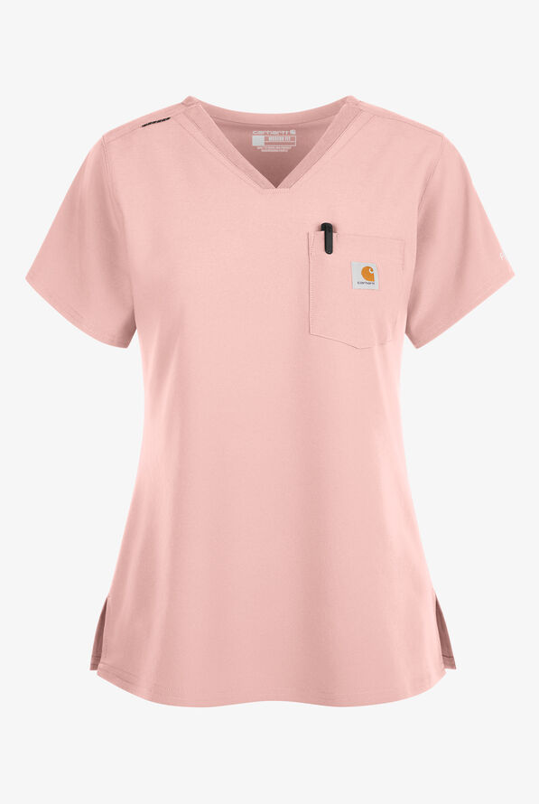 Carhartt Cross-Flex Force Women's 1-Pocket STRETCH Knit Panel Tuck In Scrub Top - Soft Rose - 1