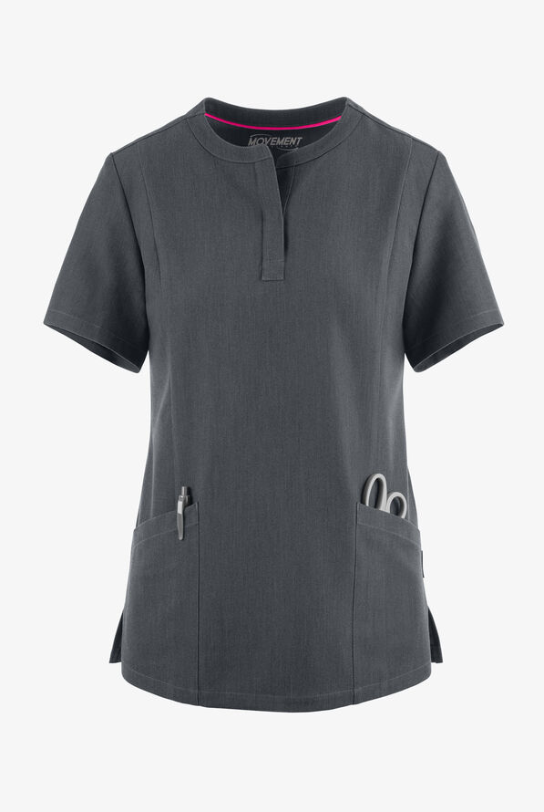 MOVEMENT by Butter-Soft  STRETCH Elara Women's 5-Pocket Henley Scrub Top - Charcoal Heather - 1
