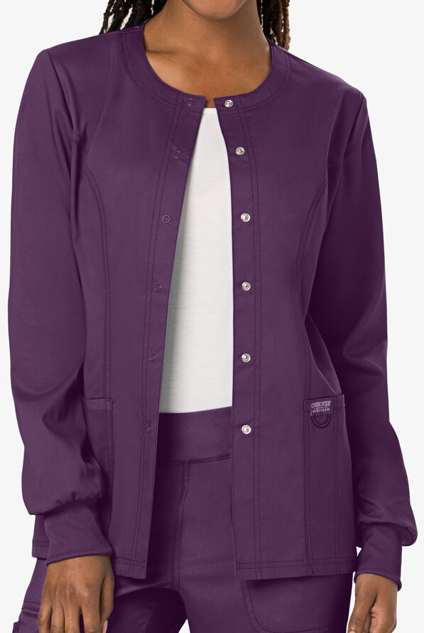 Cherokee Workwear Revolution Women's 3-Pocket STRETCH Snap Front Scrub Jacket - Eggplant - 2