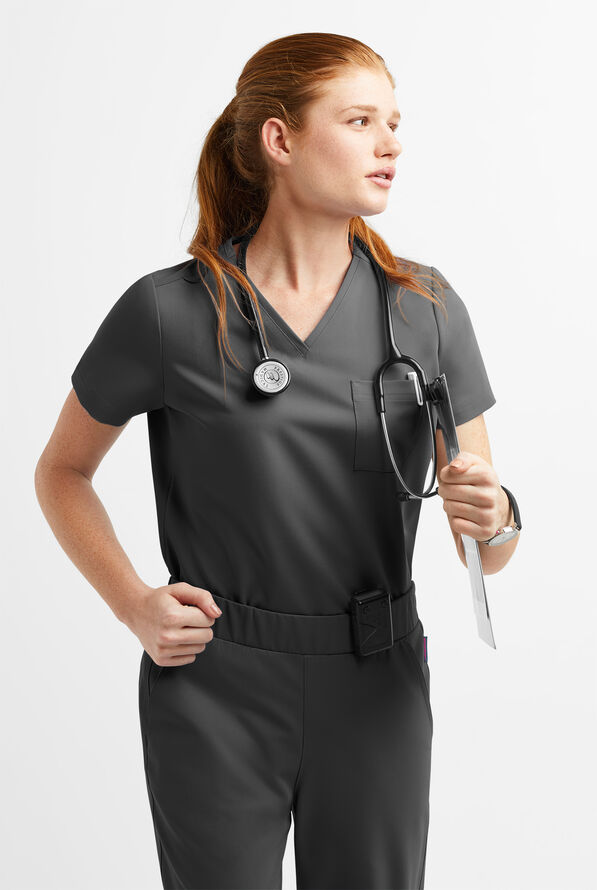 MOVEMENT by Butter-Soft Ceti Women's 1-Pocket V-Neck Tuck-In STRETCH Scrub Top - Pewter - 2