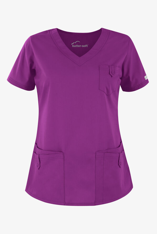 Butter-Soft Core Women's 5-Pocket Rounded V-Neck Scrub Top - Berry Burst - 1