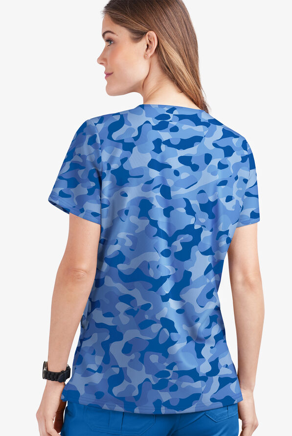 UA Butter-Soft STRETCH Camo Puzzle Royal Women's 2-Pocket V-Neck Print Scrub Top - null - 2