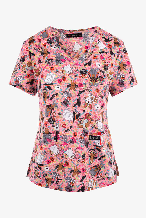 koi Basics Halloween Dress Up Whimsical Women's 2Pocket STRETCH VNeck Print Scrub Top, Holiday