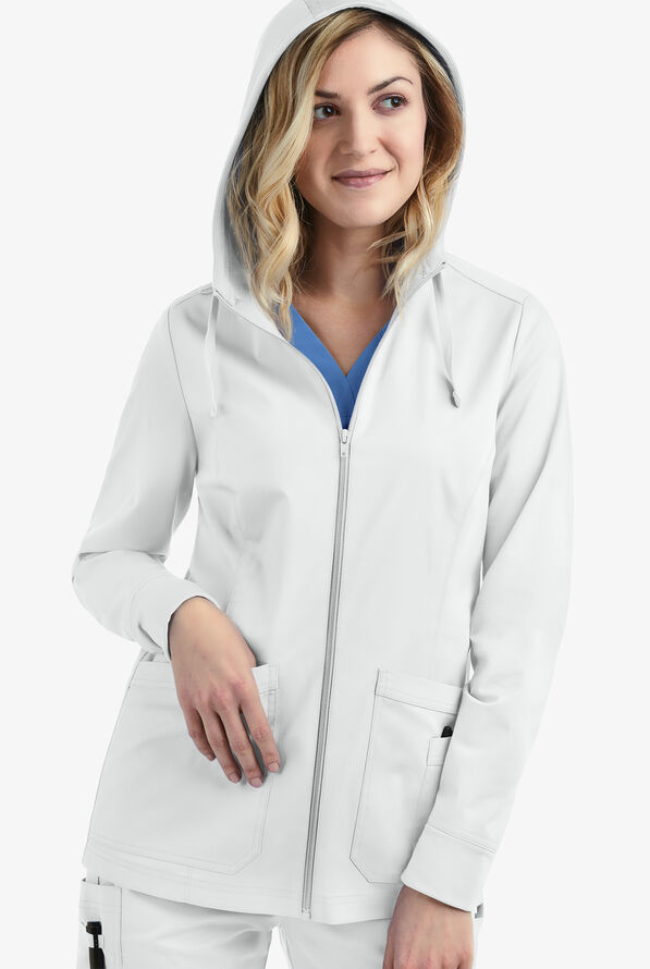 Butter-Soft STRETCH Women's 3-Pocket Zip-Front with Cozy Knit Hood and Trim Scrub Jacket - White - 3