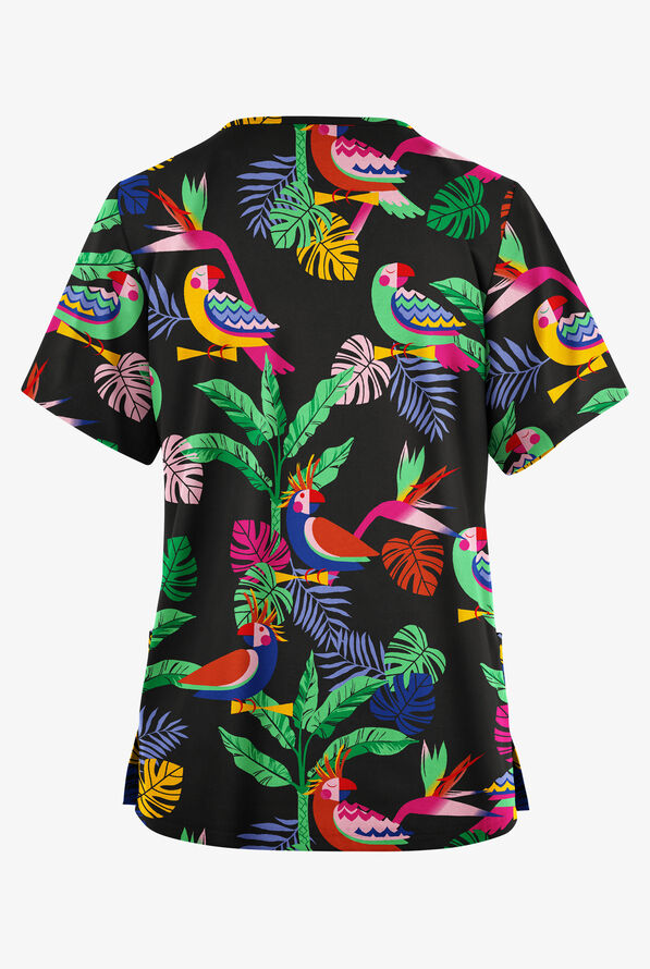 Butter-Soft Originals Bird Of Paradise Black Women's 2-Pocket V-Neck Print Scrub Top - null - 2