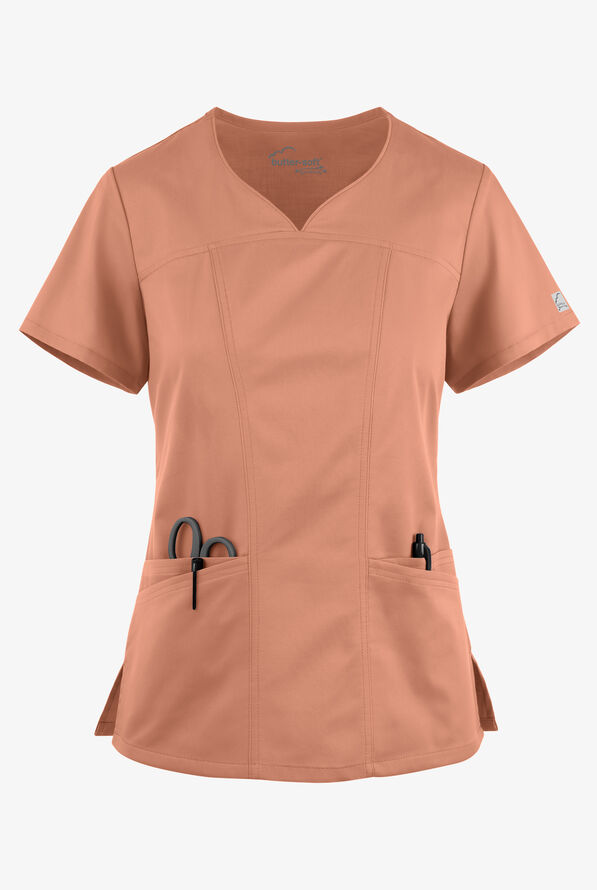 Butter-Soft STRETCH Women's 4-Pocket Sweetheart Neck Scrub Top - Terracotta - 1