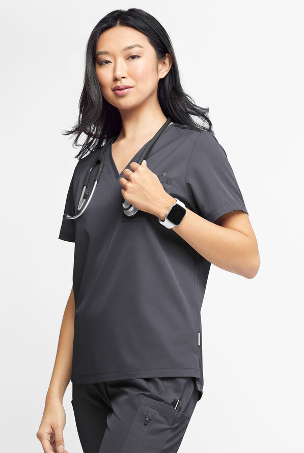 Blusa médica WhisperLite Zora Stretch con cuello en V y 2 bolsillos para mujer - Pewter - 5