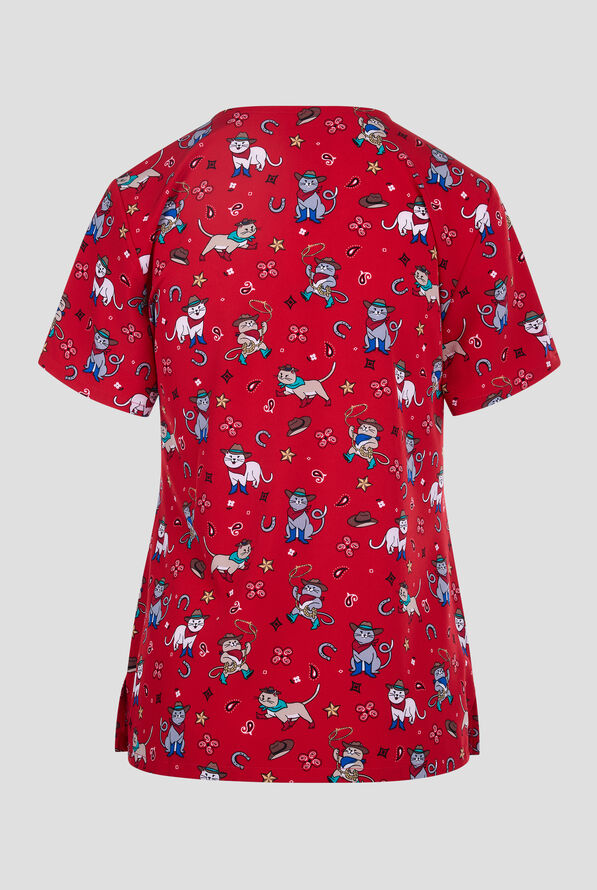Blusa médica estampada Cherokee Cowgirl Kitty STRETCH con cuello en V y 2 bolsillos para mujer - null - 2