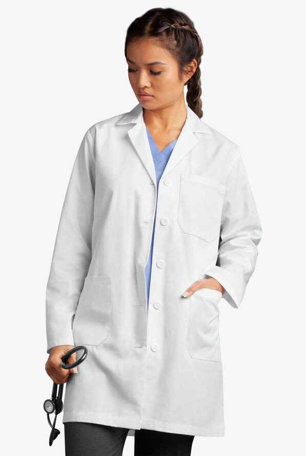 UA Woman's 3-Pocket Notched Collared Scrub Lab Coat - White - 5