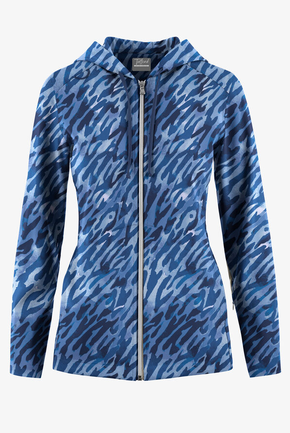 Tafford Active STRETCH Abstract Animal Navy Women's 5-Pocket Zip-Front Print Scrub Hoodie - null - 1