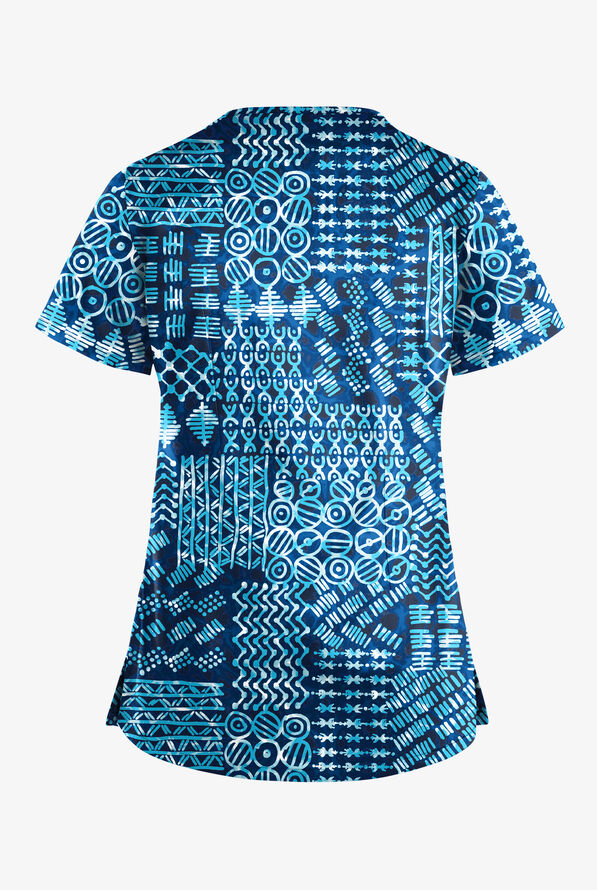 Blusa médica estampada UA Butter-Soft STRETCH Dondo Patchwork Navy con detalles entrecruzados y 4 bolsillos para mujer  - null - 2