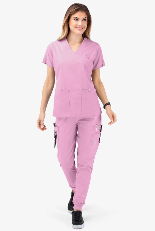 Butter-Soft STRETCH Women's 6-Pocket V-Neck Scrub Top - Sweet Rose - 2