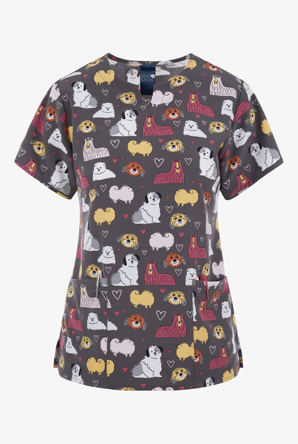 Zoe & Chloe Live, Love, Woof Women's 2Pocket STRETCH Notch Neck Print